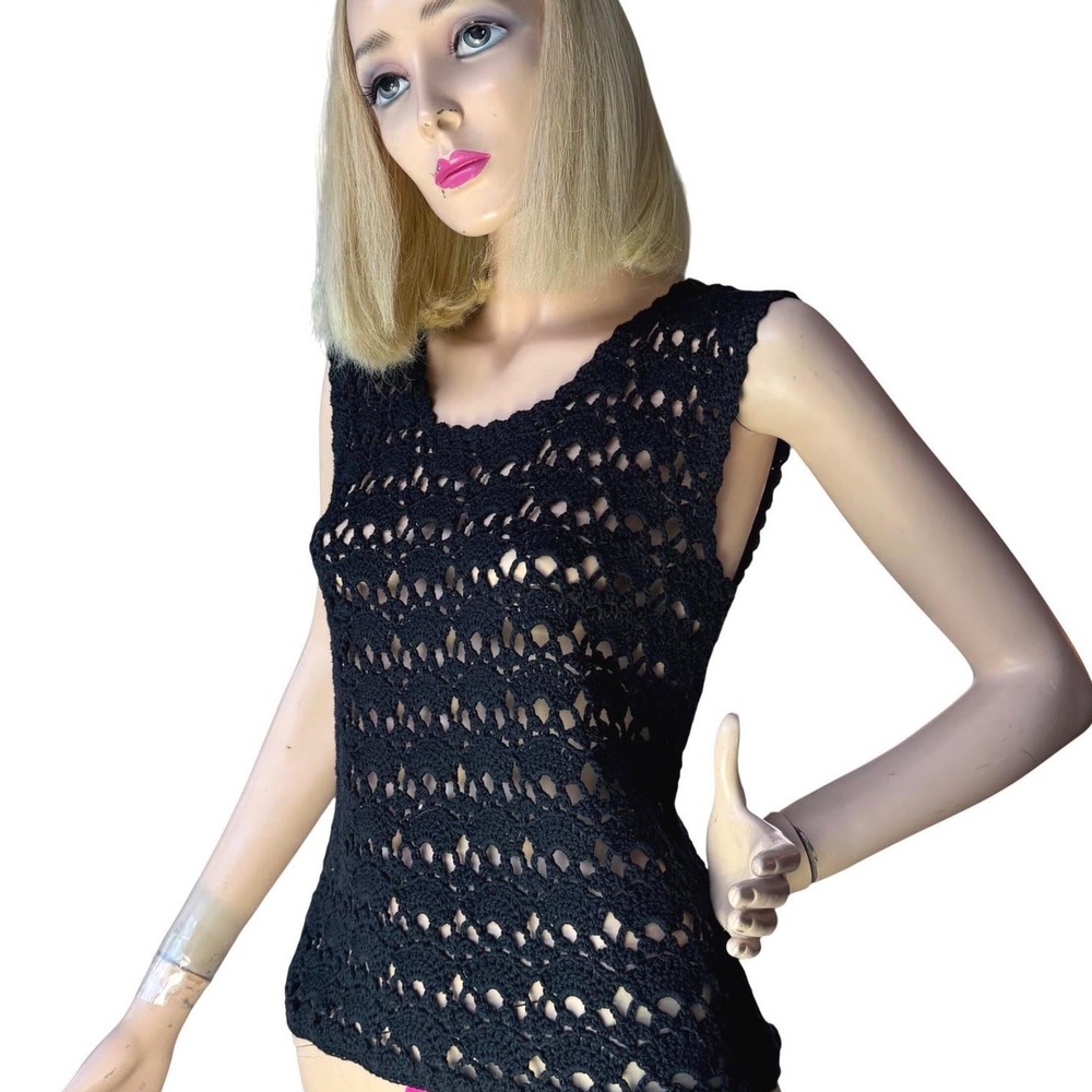 Vintage Black Crochet Tank Top Handmade Sleeveless Open Knit Boho Whimsigoth M